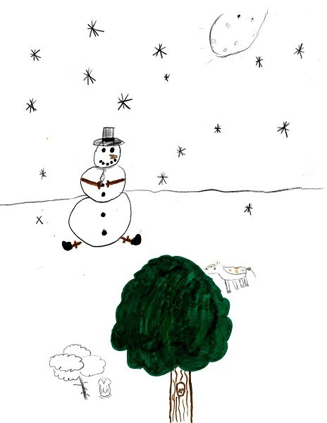 A snowy scene with a snow man, dog  and a tree