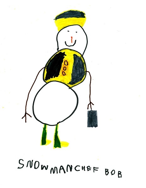 A drawing of snow man chef Bob