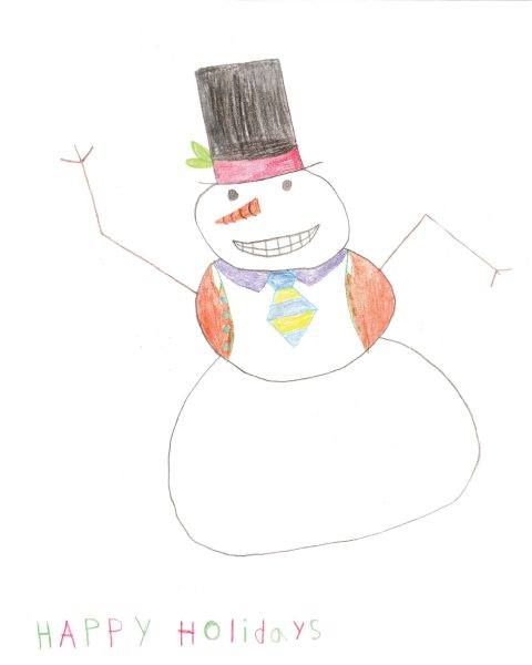 Drawing of a snow man with a tie, vest and top hat