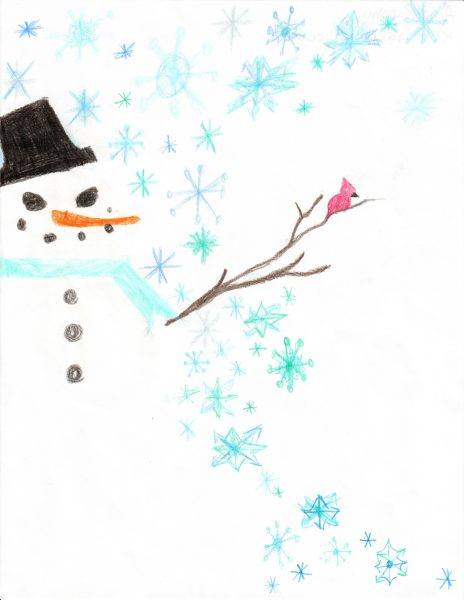 Drawing of snowman with a cardinal and it is snowing
