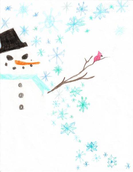 Drawing of snowman with a cardinal and it is snowing
